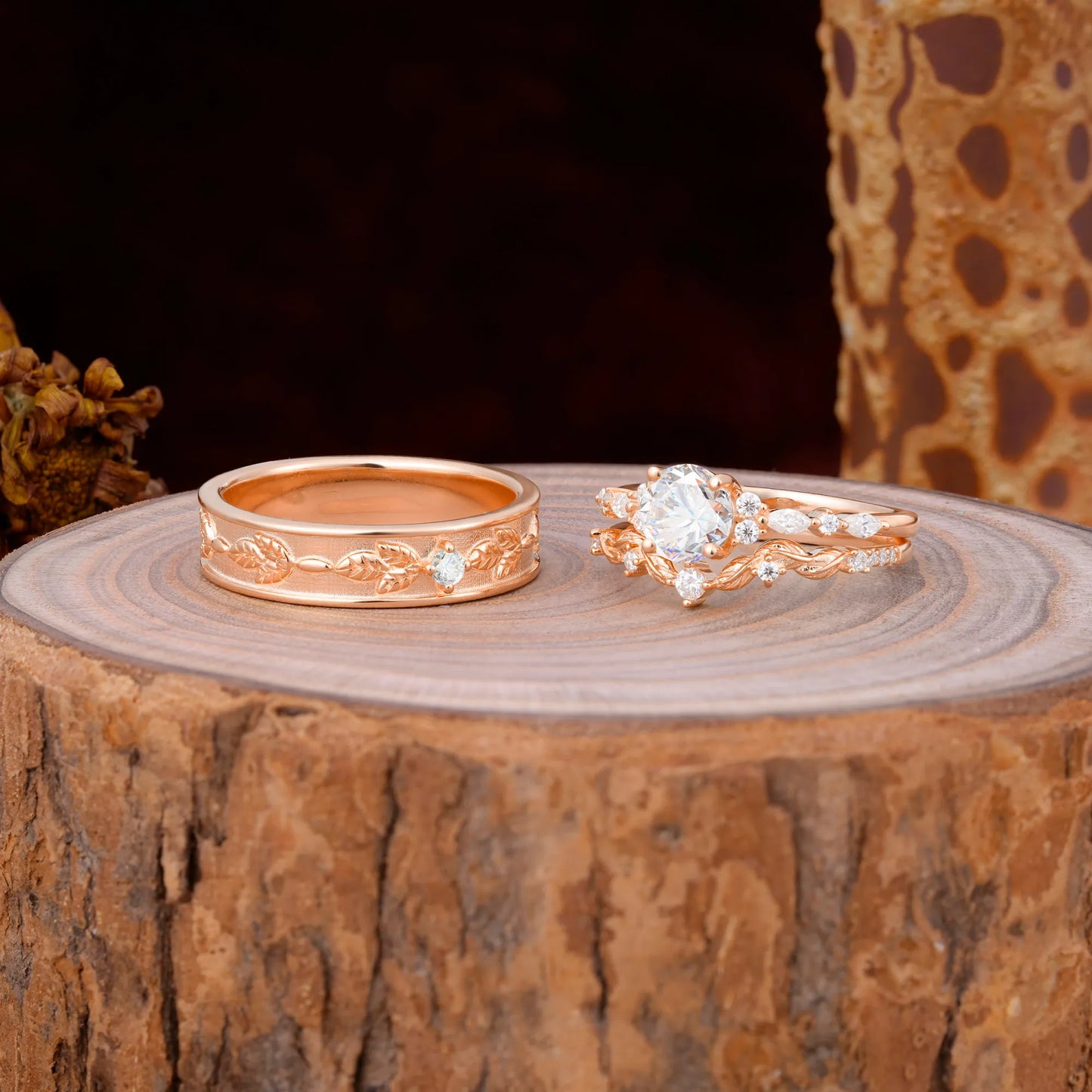 Unique Leaf Engraved Moissanite Couple Rings for Engagement