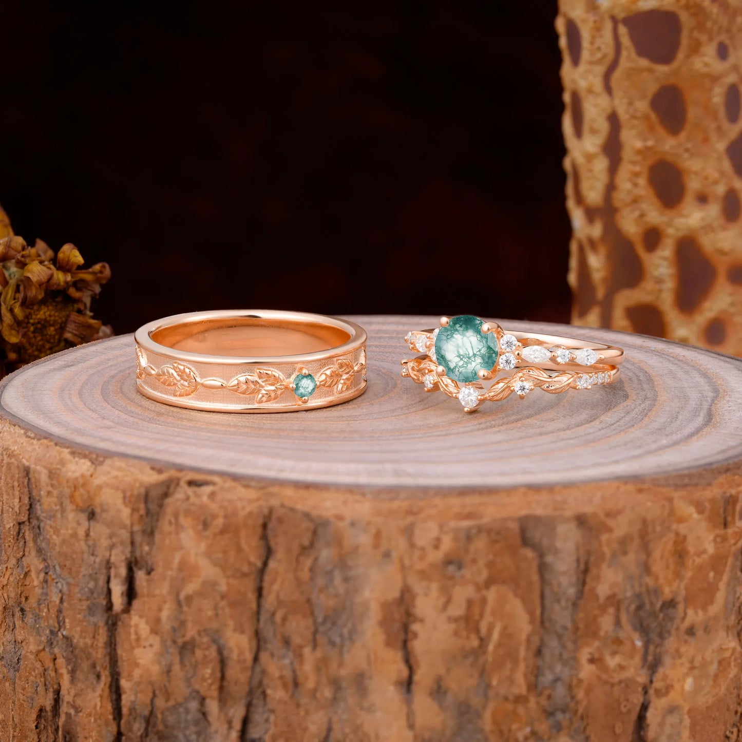 Unique Leaf Engraved Moss Agate Couple Rings for Engagement