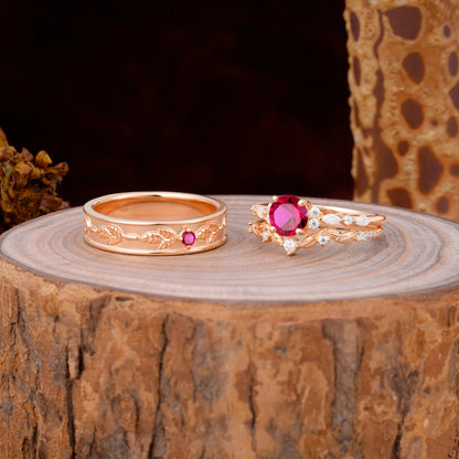 Unique Leaf Engraved Ruby Couple Rings for Engagement