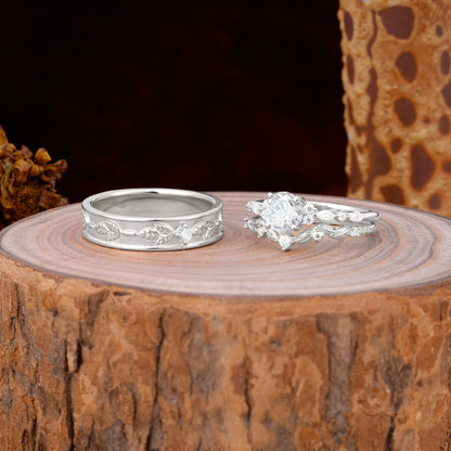 Unique Leaf Engraved Moissanite Couple Rings for Engagement