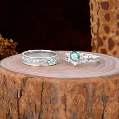 Unique Leaf Engraved Moss Agate Couple Rings for Engagement