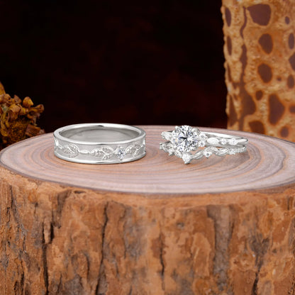 Unique Leaf Engraved Lab Diamond Couple Rings for Engagement