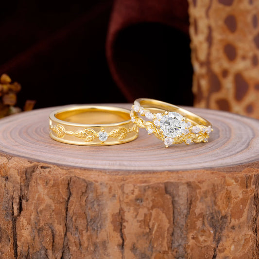 Unique Leaf Engraved Moissanite Couple Rings for Engagement