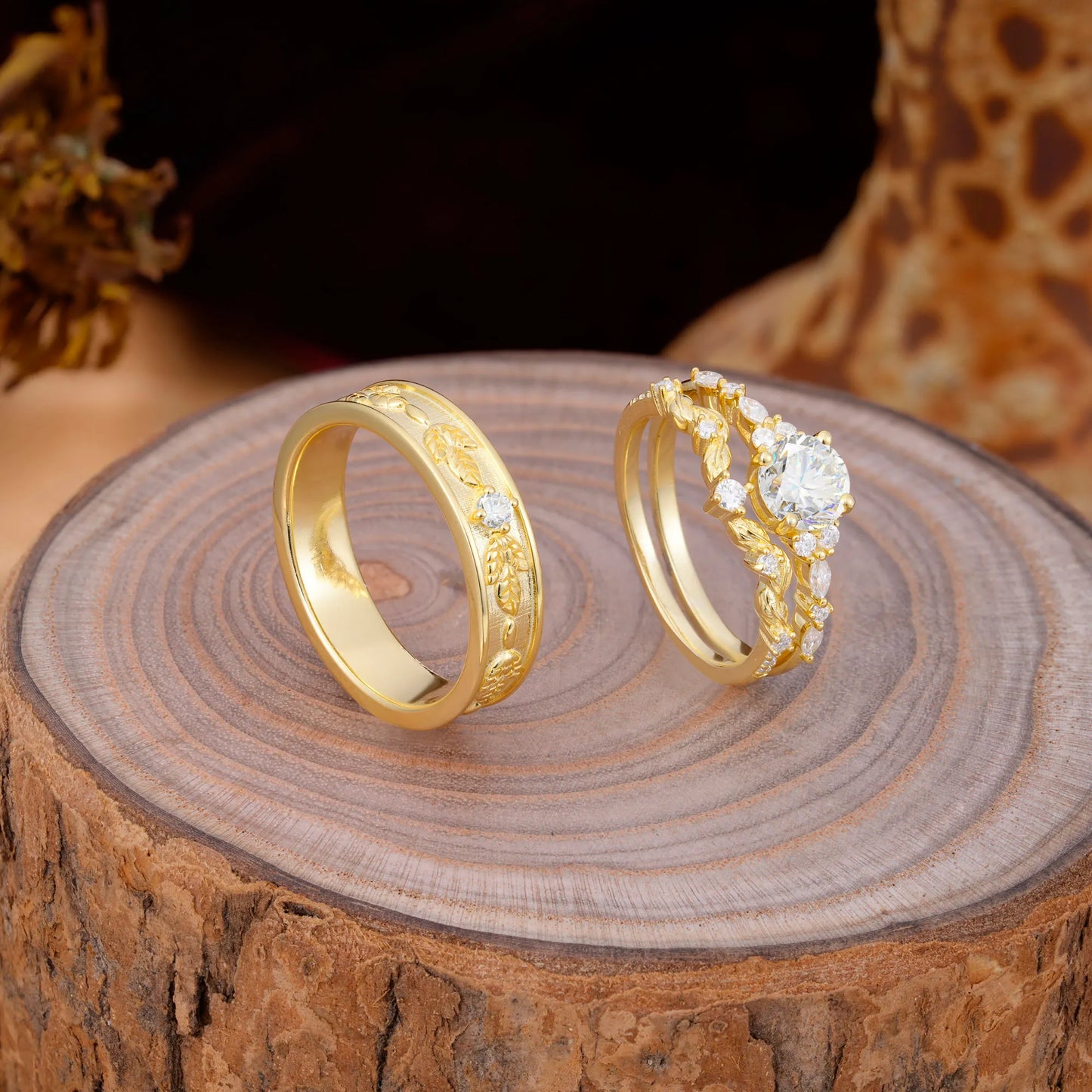 Unique Leaf Engraved Moissanite Couple Rings for Engagement