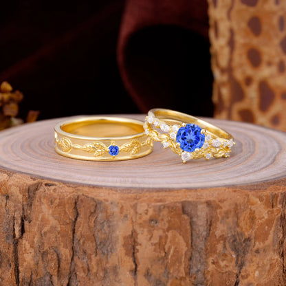 Unique Leaf Engraved Sapphire Couple Rings for Engagement