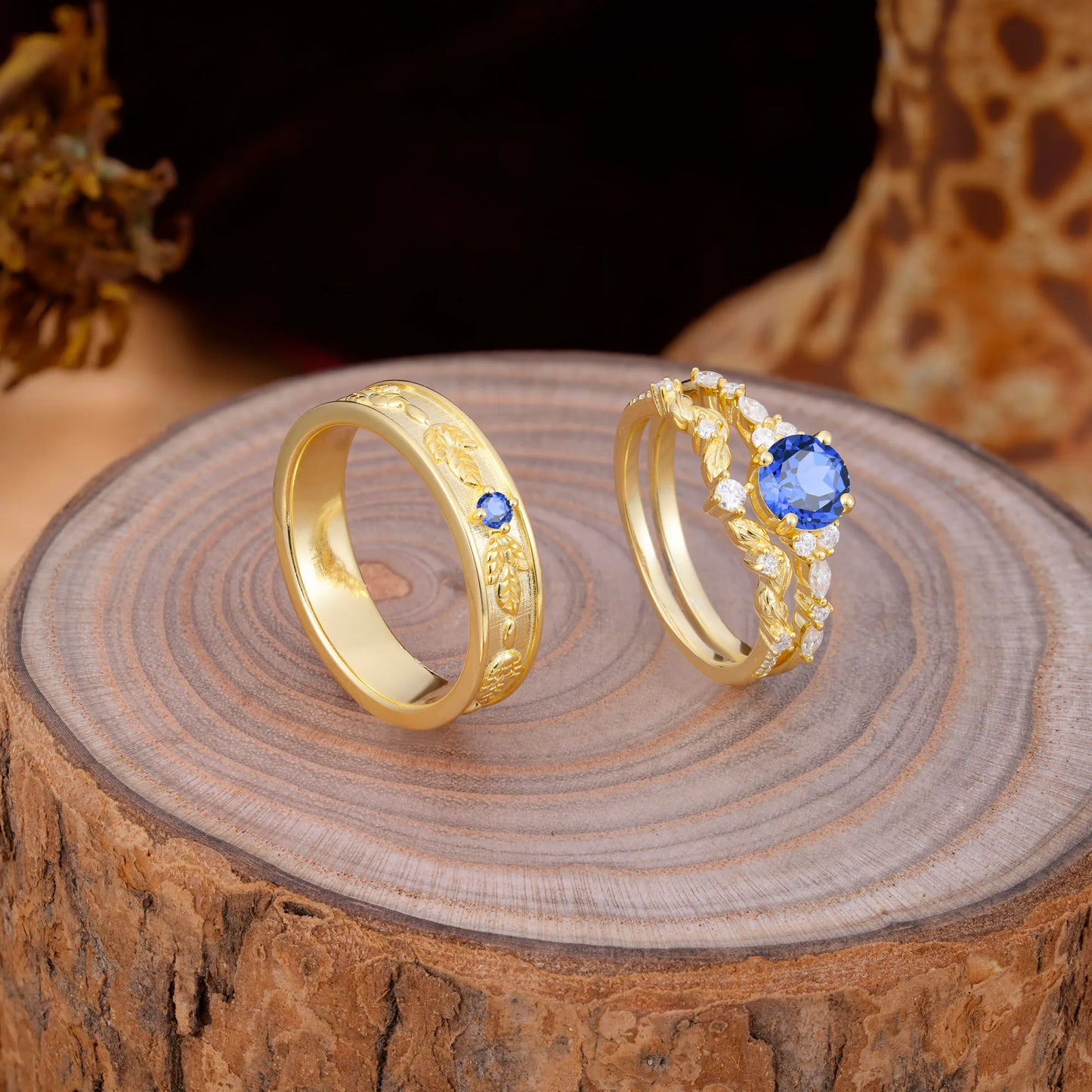 Unique Leaf Engraved Sapphire Couple Rings for Engagement