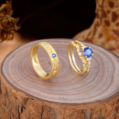 Unique Leaf Engraved Sapphire Couple Rings for Engagement