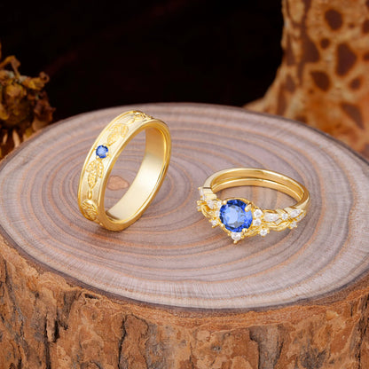 Unique Leaf Engraved Sapphire Couple Rings for Engagement