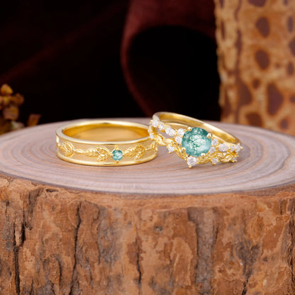 Unique Leaf Engraved Moss Agate Couple Rings for Engagement