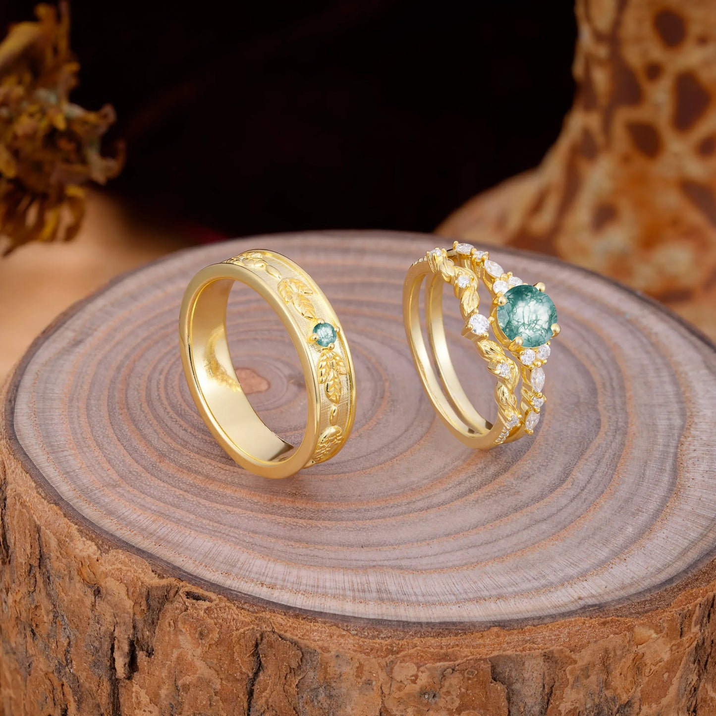 Unique Leaf Engraved Moss Agate Couple Rings for Engagement