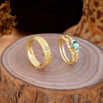 Unique Leaf Engraved Moss Agate Couple Rings for Engagement