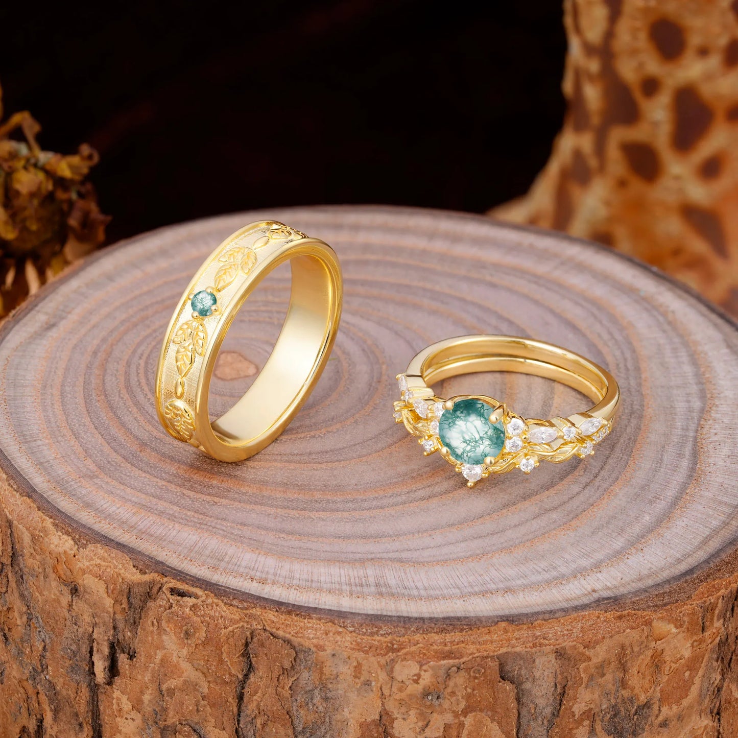 Unique Leaf Engraved Moss Agate Couple Rings for Engagement