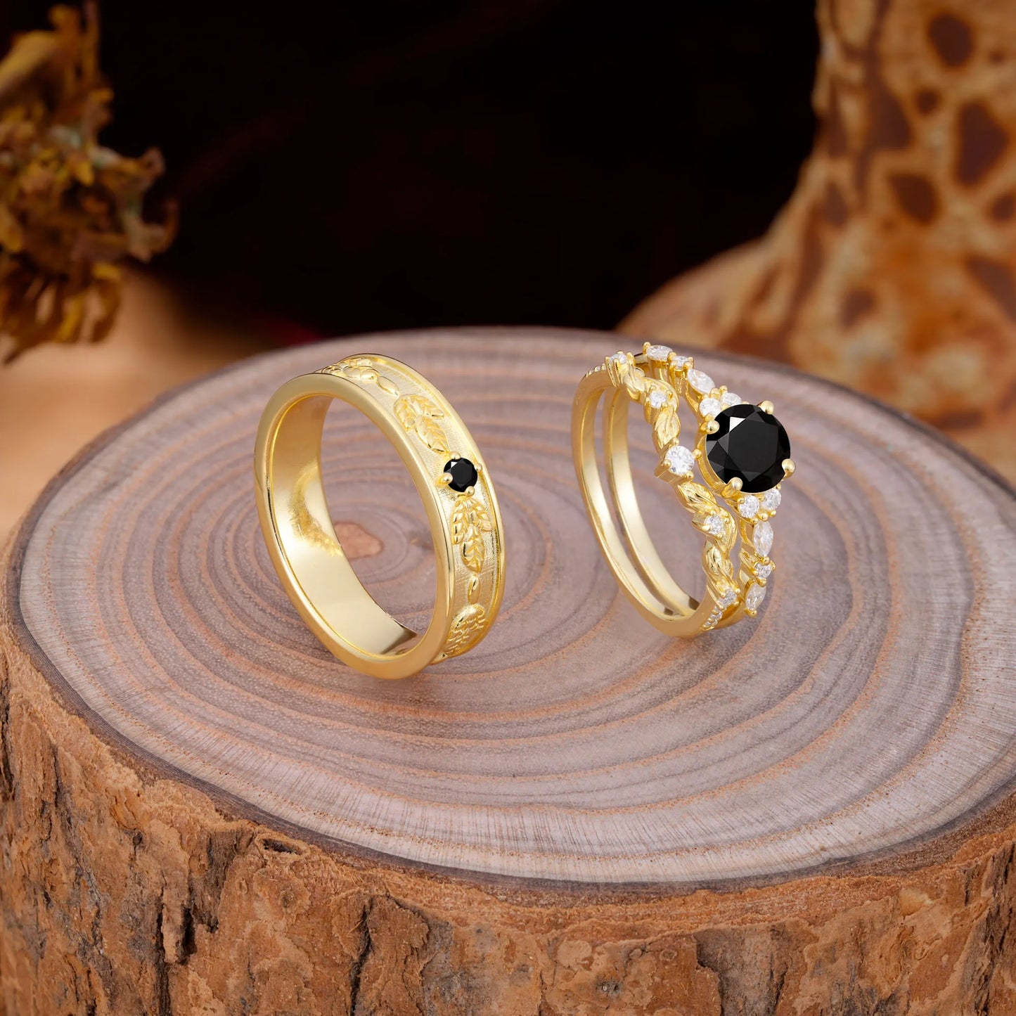 Unique Leaf Engraved Black Onyx Couple Rings for Engagement