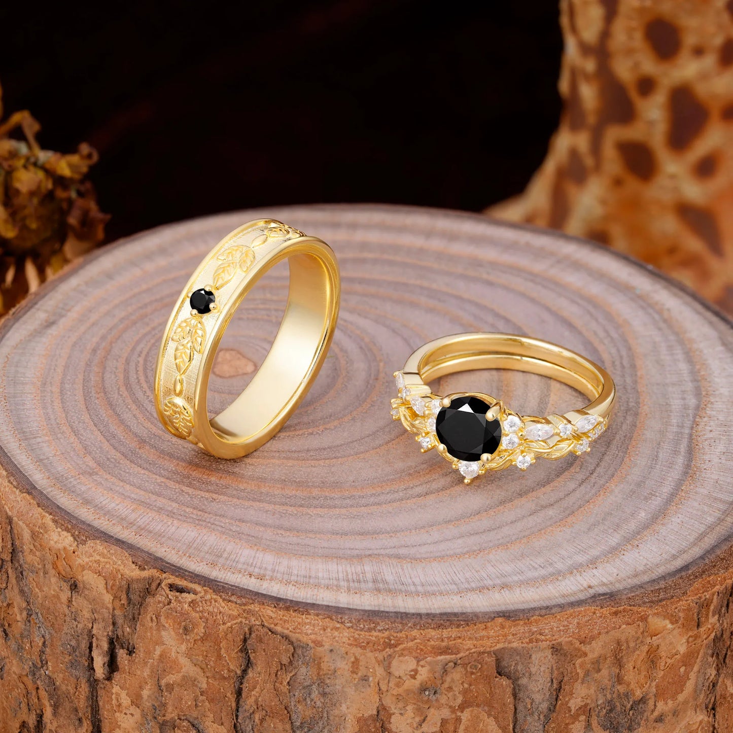 Unique Leaf Engraved Black Onyx Couple Rings for Engagement