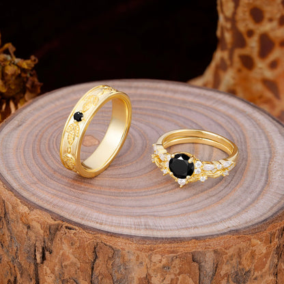 Unique Leaf Engraved Black Onyx Couple Rings for Engagement