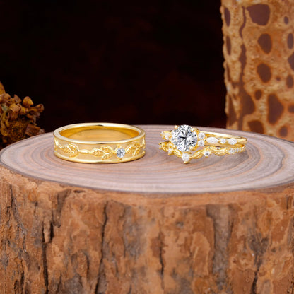 Unique Leaf Engraved Lab Diamond Couple Rings for Engagement