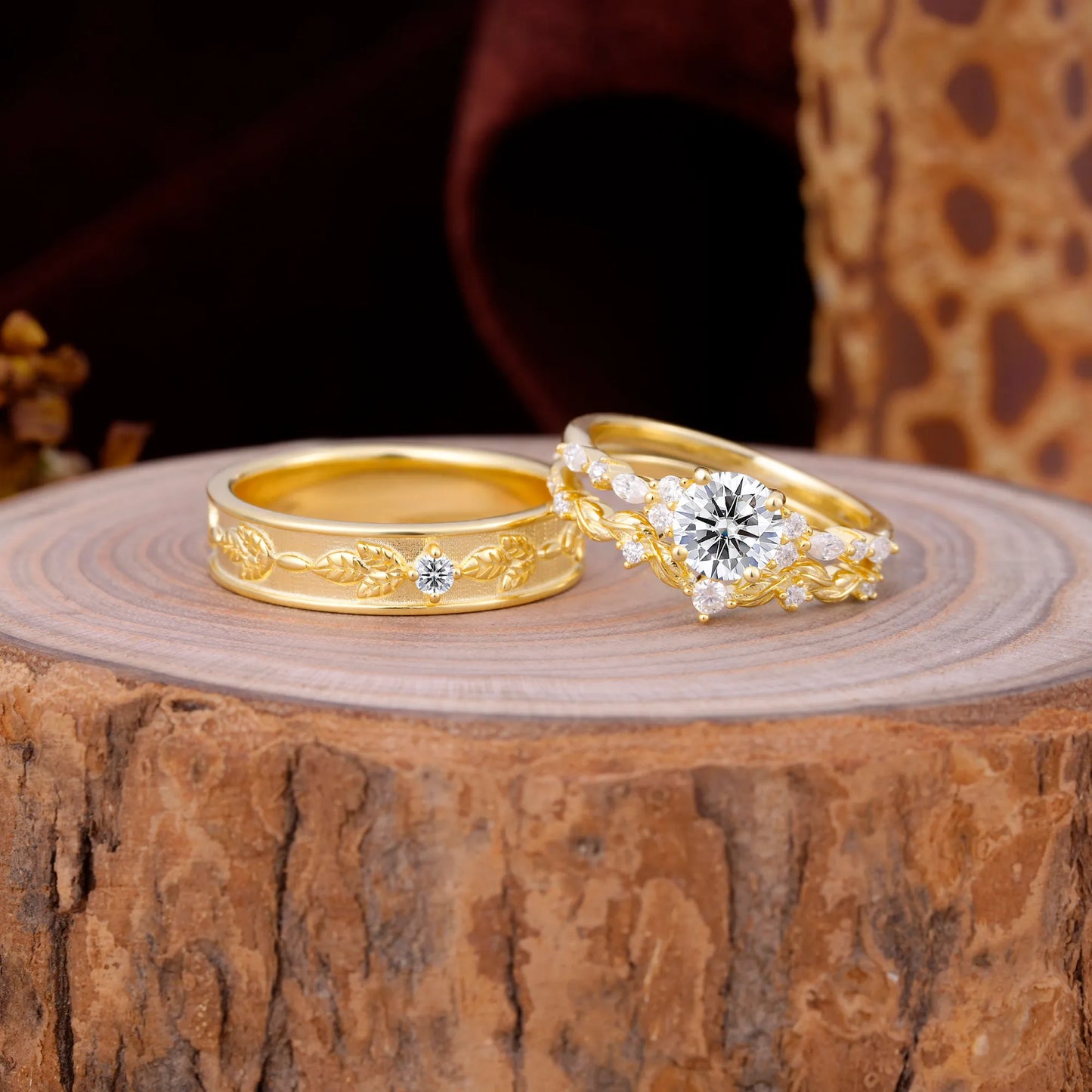 Unique Leaf Engraved Lab Diamond Couple Rings for Engagement