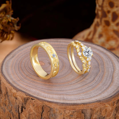 Unique Leaf Engraved Lab Diamond Couple Rings for Engagement