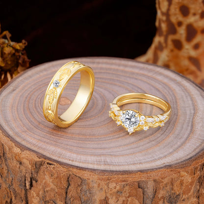 Unique Leaf Engraved Lab Diamond Couple Rings for Engagement