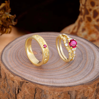 Unique Leaf Engraved Ruby Couple Rings for Engagement