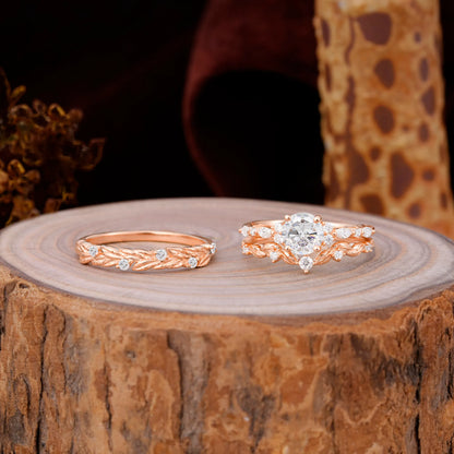 Elegant Leaf Motif Moissanite Promise Rings for Couples