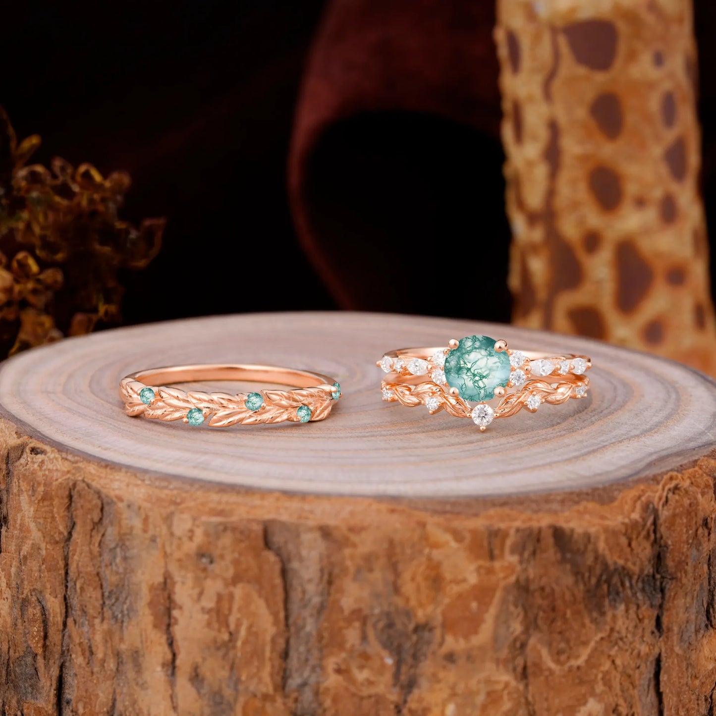 Elegant Leaf Motif Moss Agate Promise Rings for Couples