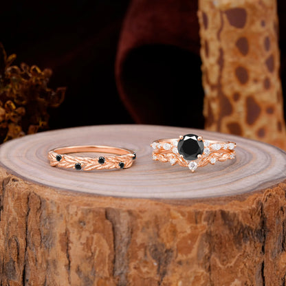 Elegant Leaf Motif Black Onyx Promise Rings for Couples