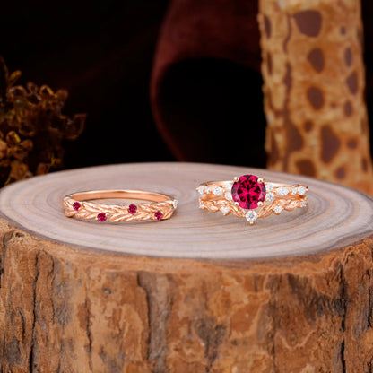 Elegant Leaf Motif Ruby Promise Rings for Couples
