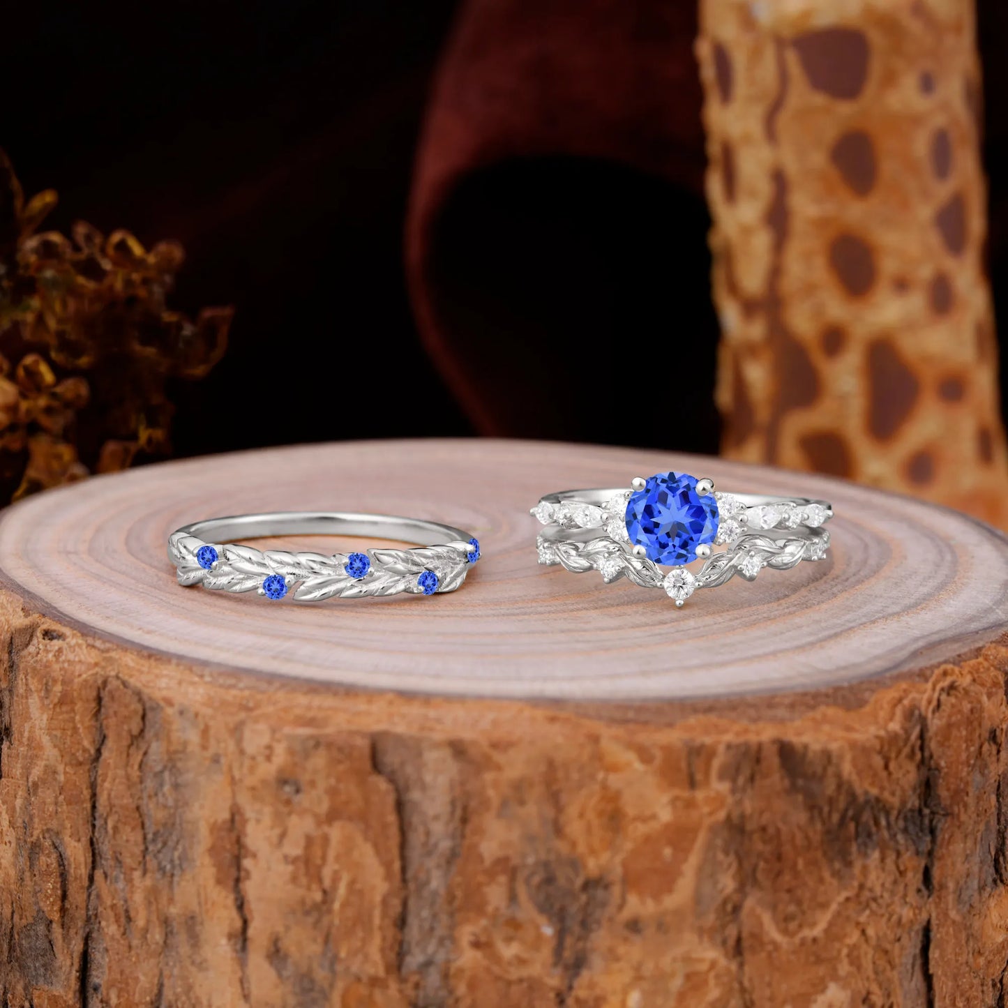 Elegant Leaf Motif Sapphire Promise Rings for Couples