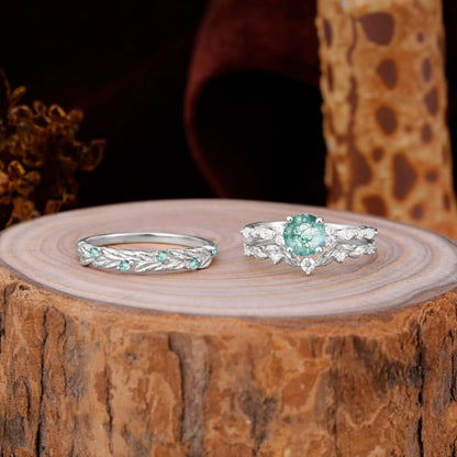 Elegant Leaf Motif Moss Agate Promise Rings for Couples