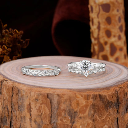Elegant Leaf Motif Lab Diamond Promise Rings for Couples