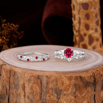 Elegant Leaf Motif Ruby Promise Rings for Couples