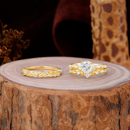 Elegant Leaf Motif Moissanite Promise Rings for Couples