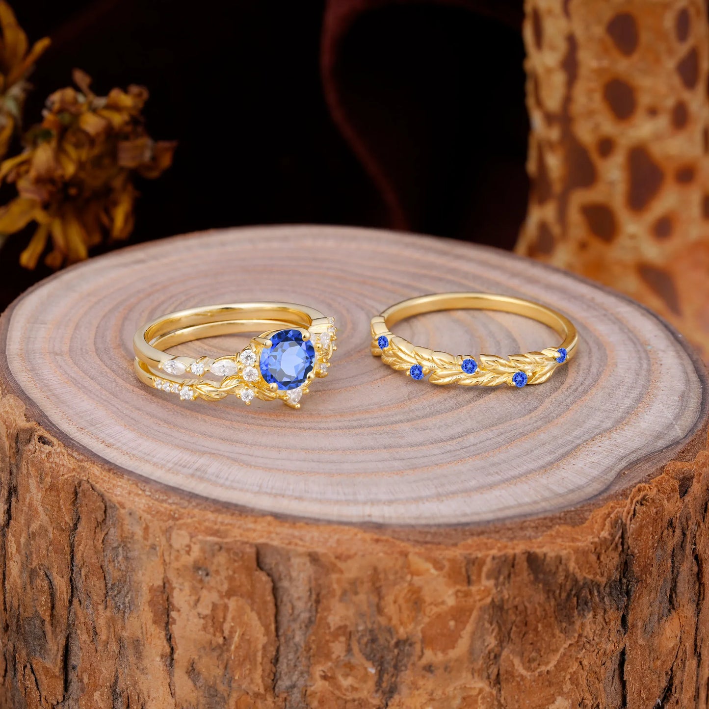 Elegant Leaf Motif Sapphire Promise Rings for Couples