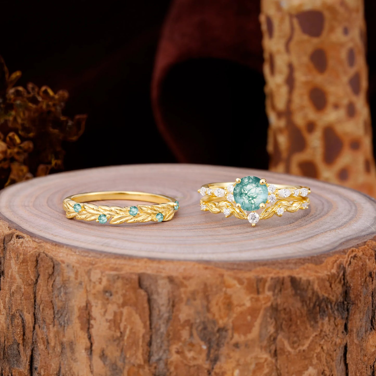 Elegant Leaf Motif Moss Agate Promise Rings for Couples
