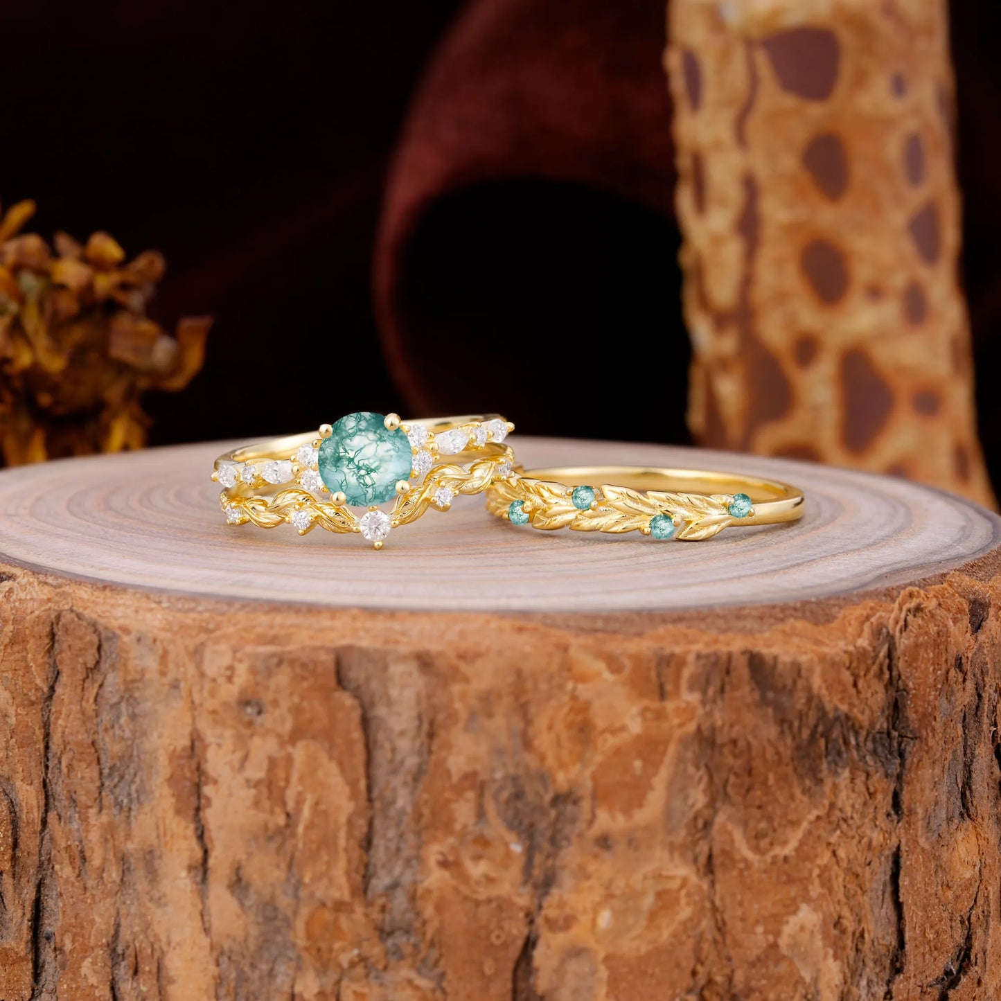 Elegant Leaf Motif Moss Agate Promise Rings for Couples