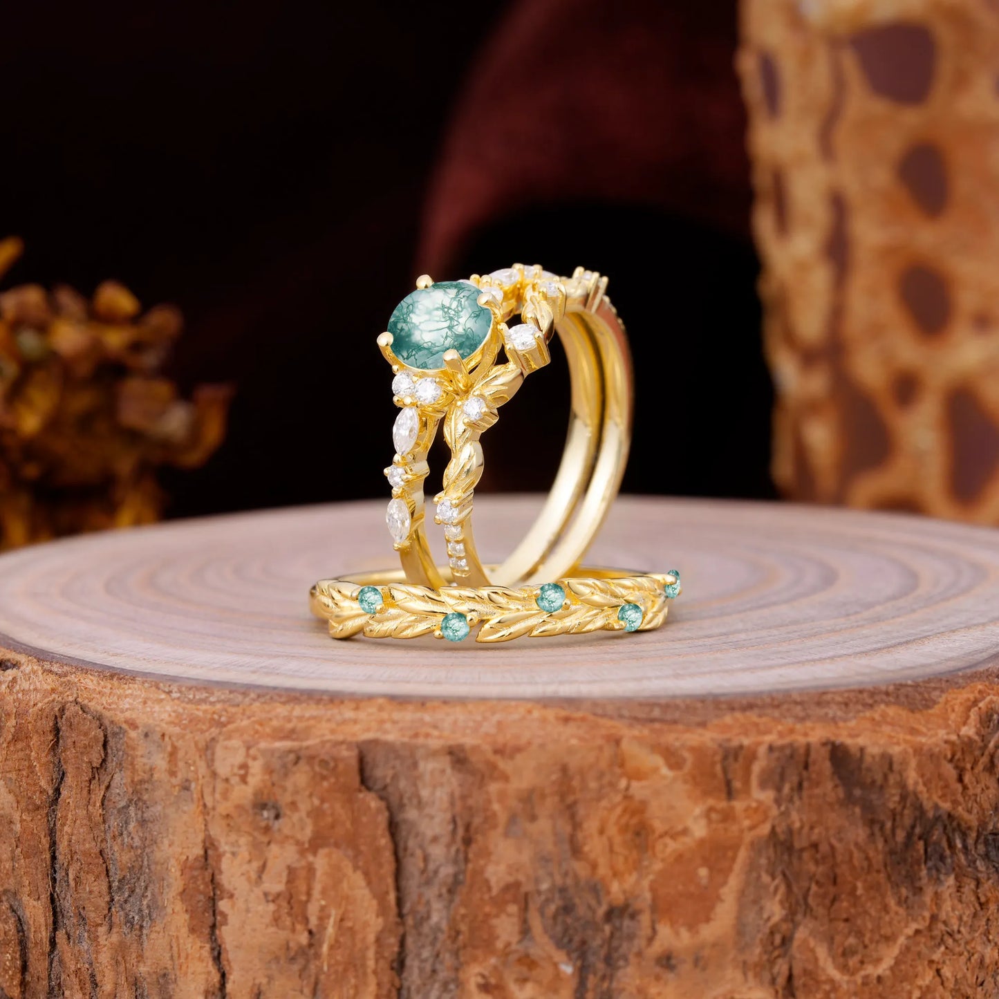 Elegant Leaf Motif Moss Agate Promise Rings for Couples