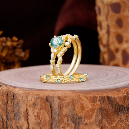 Elegant Leaf Motif Moss Agate Promise Rings for Couples