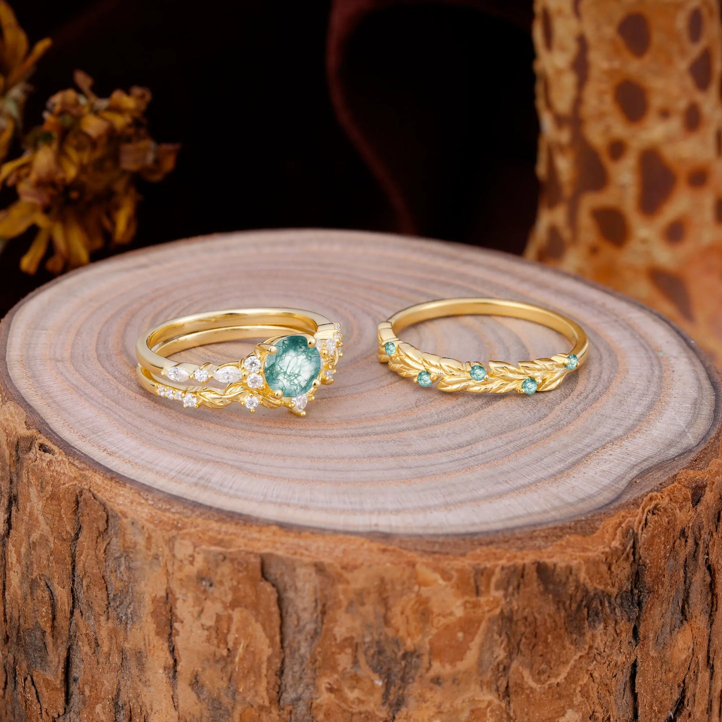 Elegant Leaf Motif Moss Agate Promise Rings for Couples
