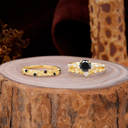 Elegant Leaf Motif Black Onyx Promise Rings for Couples