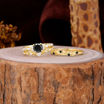 Elegant Leaf Motif Black Onyx Promise Rings for Couples