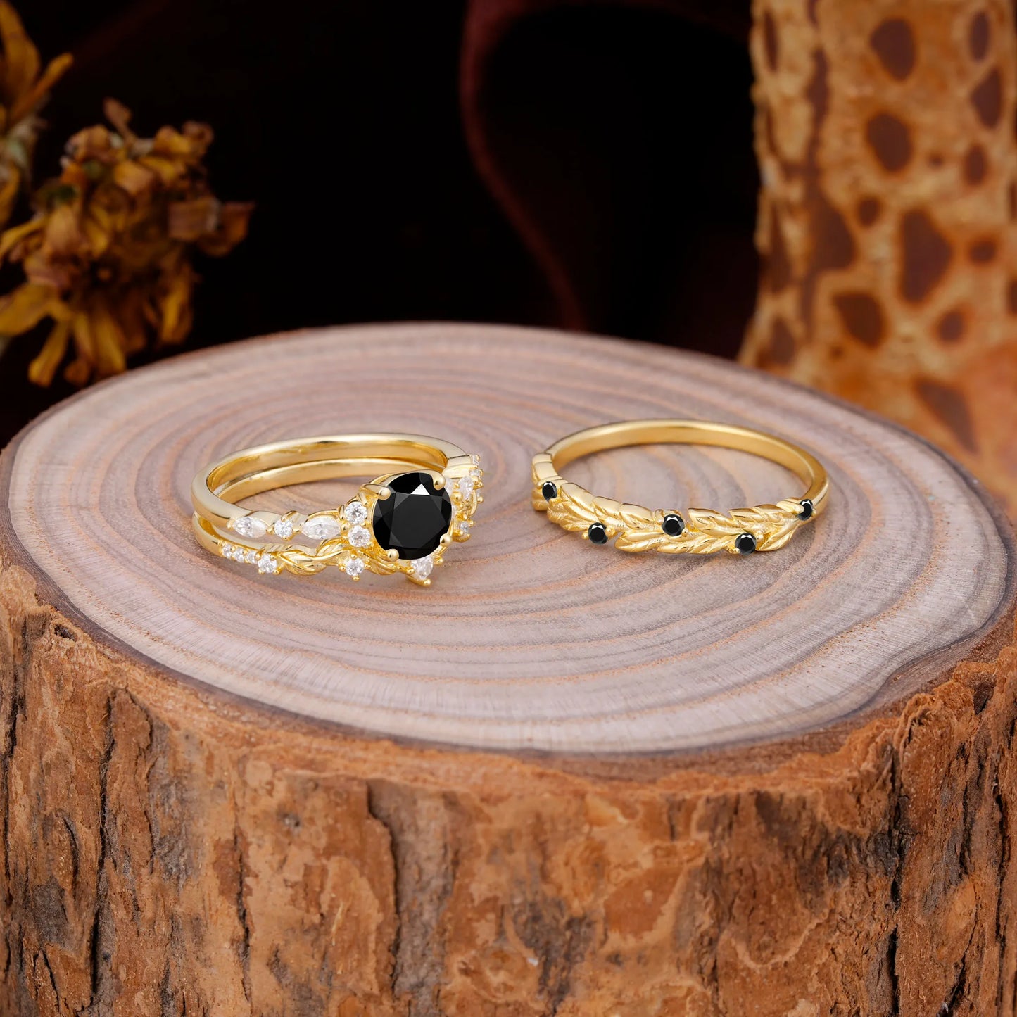 Elegant Leaf Motif Black Onyx Promise Rings for Couples