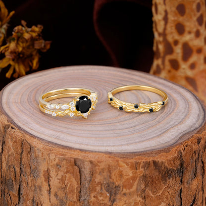 Elegant Leaf Motif Black Onyx Promise Rings for Couples