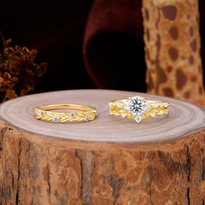 Elegant Leaf Motif Lab Diamond Promise Rings for Couples