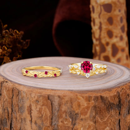 Elegant Leaf Motif Ruby Promise Rings for Couples