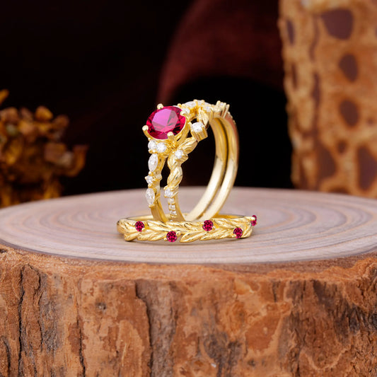 Elegant Leaf Motif Ruby Promise Rings for Couples