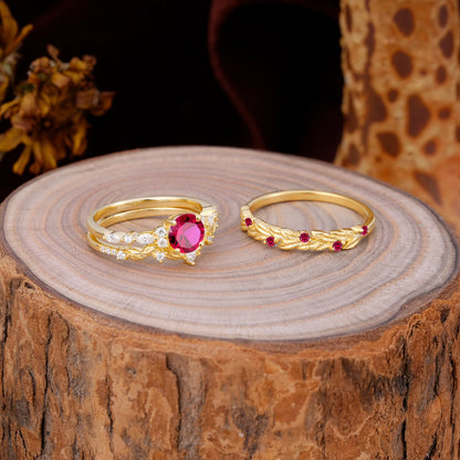 Elegant Leaf Motif Ruby Promise Rings for Couples