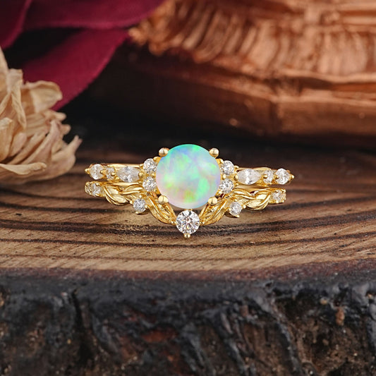 Vintage Botanical 4-Prong Round Cut Opal Bridal Ring Set