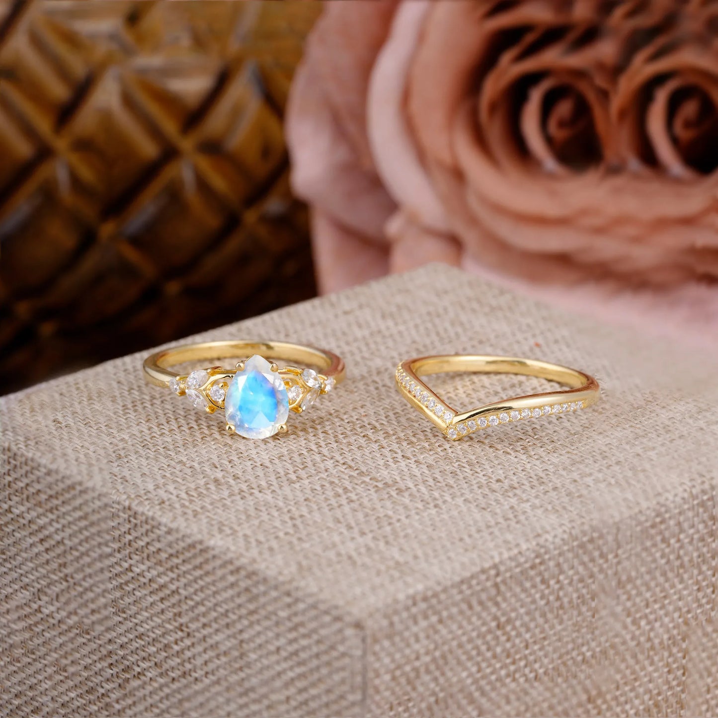 Luxurious Vintage-Inspired 4-Prong Pear-Cut Natural Moonstone Engagement Ring Set