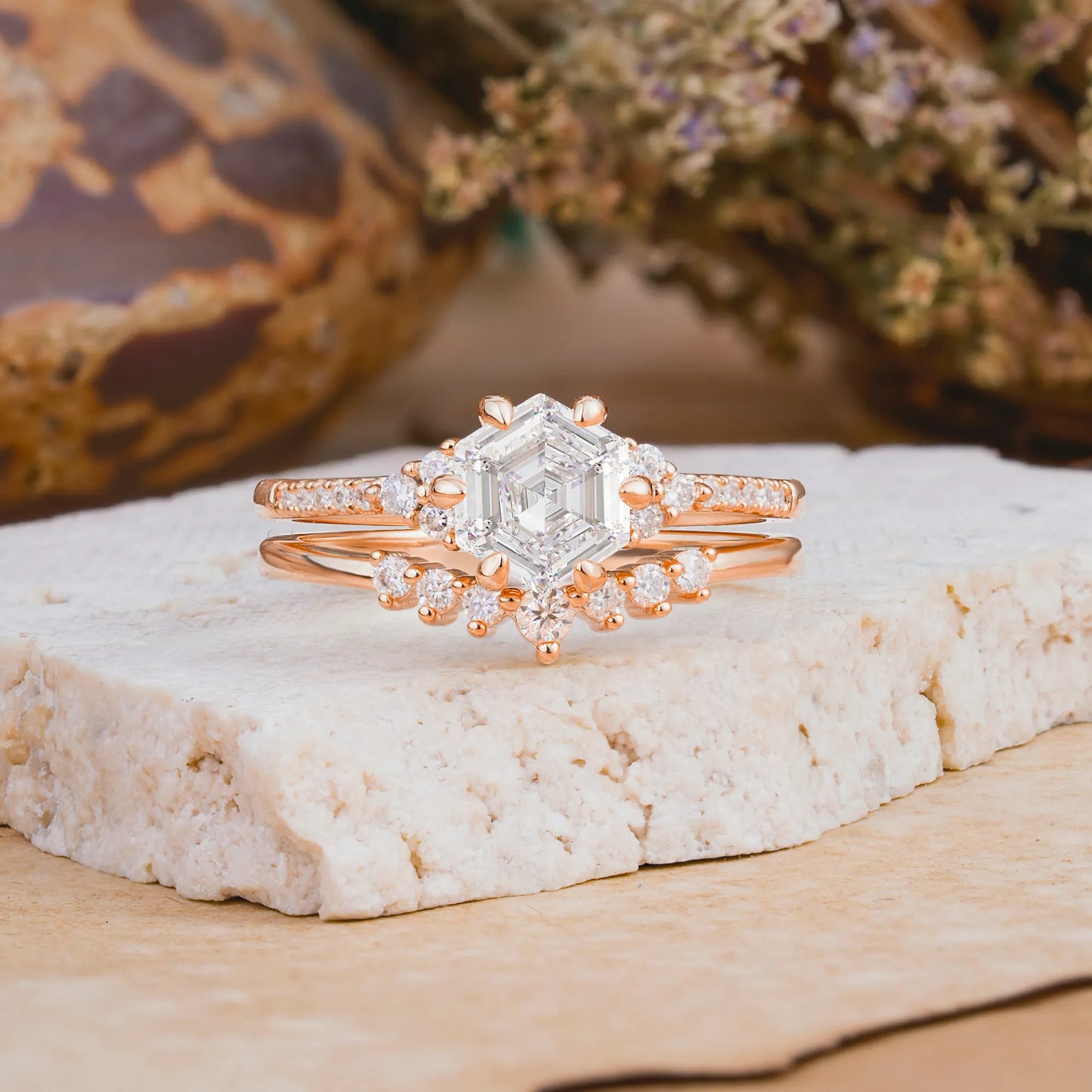 Classic 6-Prong Hexagonal-Cut Moissanite Engagement Ring Set